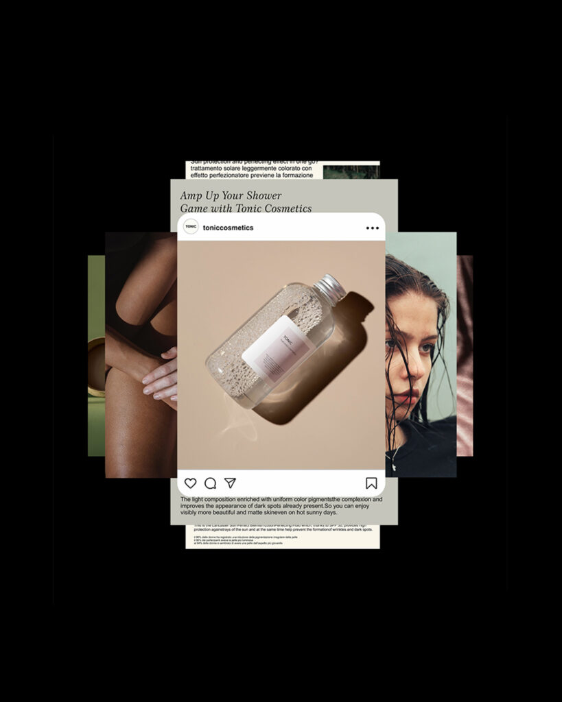 Composizione di post Instagram del brand Tonic Cosmetics — progetto di storytelling di METWISH Studio Creativo Multidisciplinare, Firenze e Lucca.