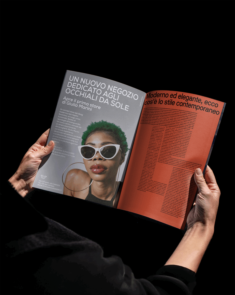 Rivista con inserzione pubblicitaria per un negozio di occhiali da sole per un progetto di pubblicità su stampa e riviste, realizzato da METWISH Studio Creativo Multidisciplinare