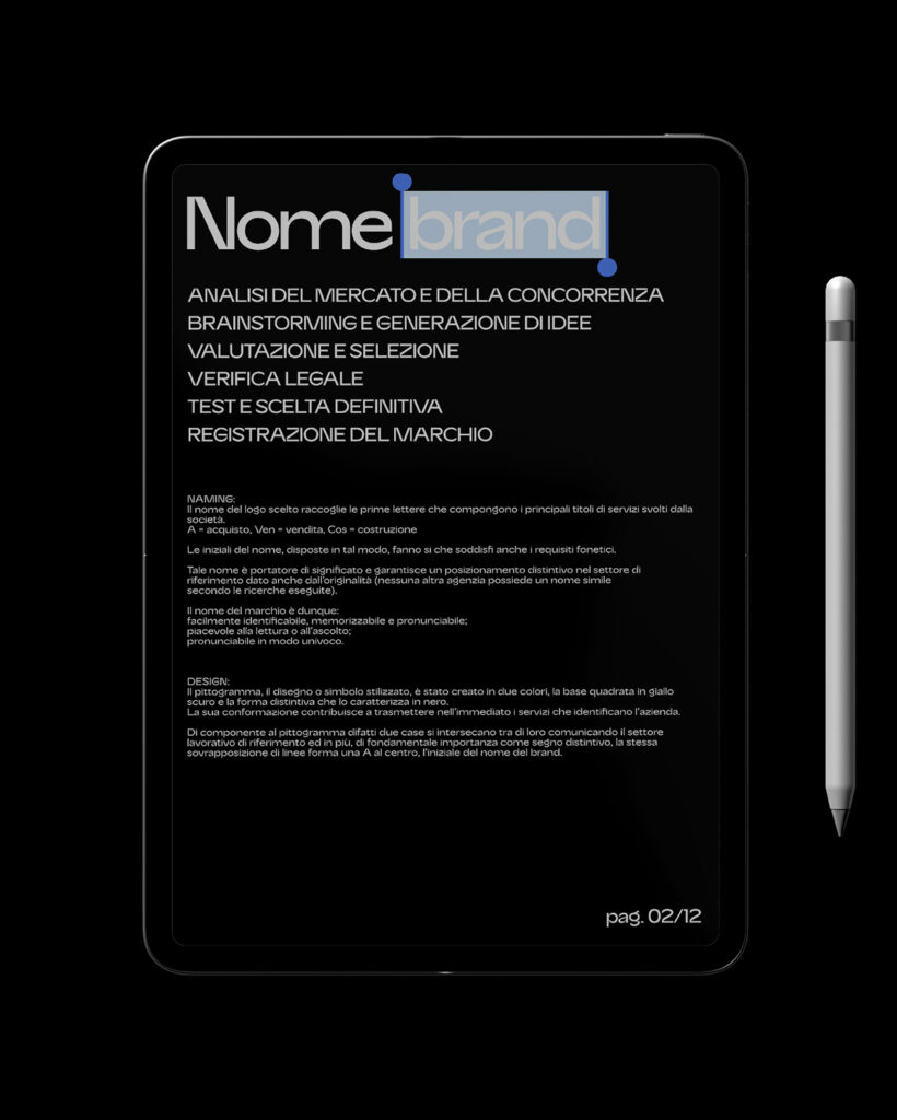 Tablet con schermo nero che mostra le fasi del processo strategico di Naming e Design per un brand, realizzato da METWISH Studio Creativo Multidisciplinare