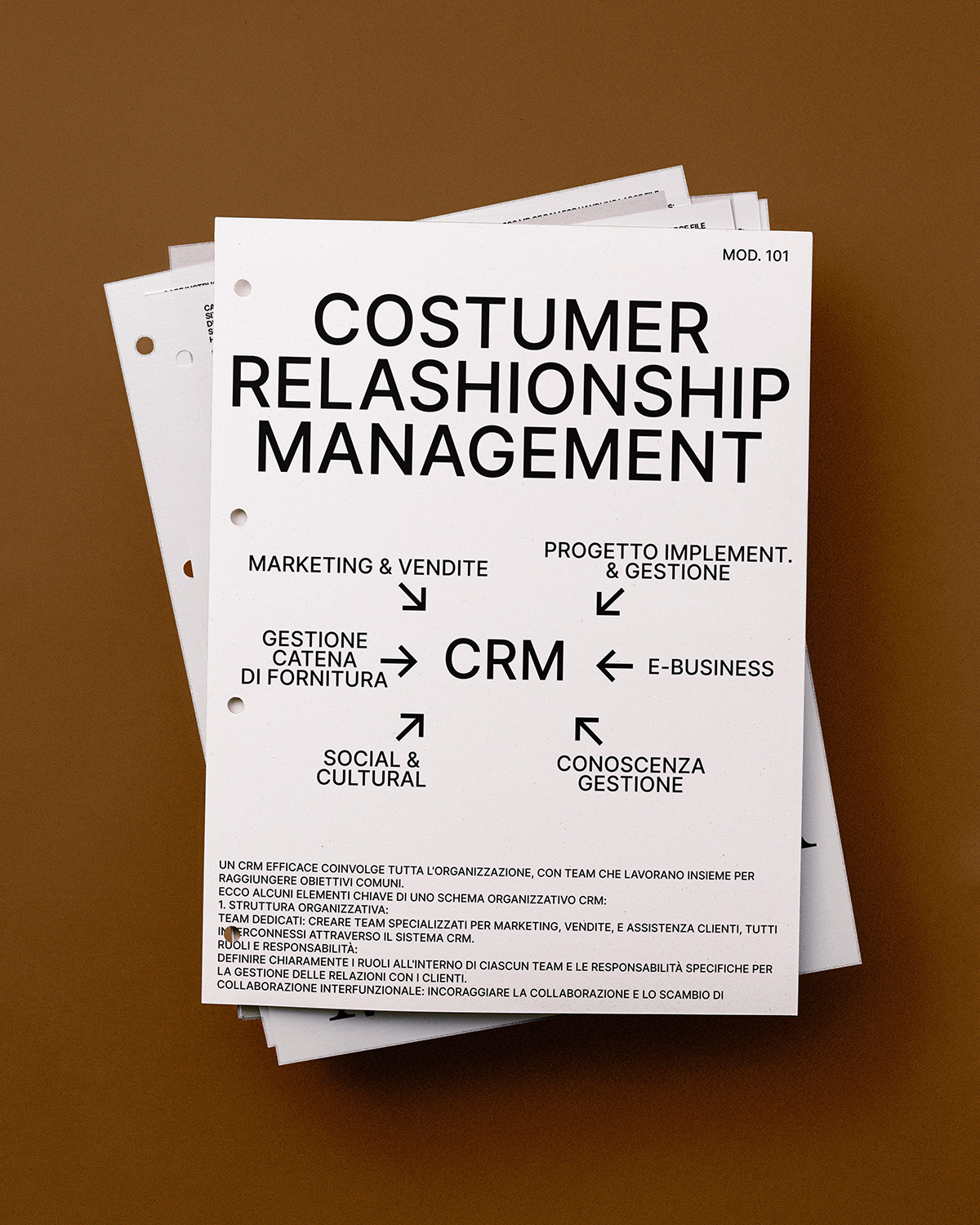 Scheda informativa stampata con uno schema concettuale su "Customer Relationship Management" e la centralità del CRM nei processi aziendali, per un progetto di sviluppo soluzioni CRM e organizzazione aziendale, realizzato da METWISH Studio Creativo Multidisciplinare