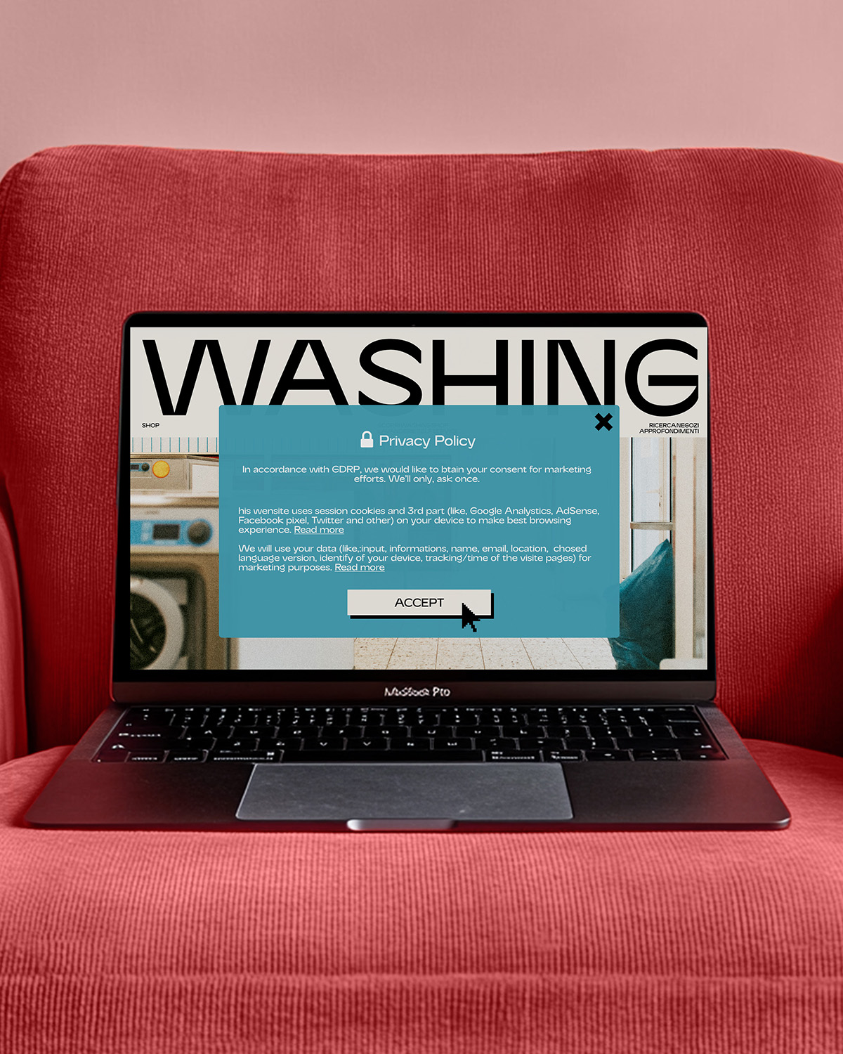 Schermo che mostra il banner pop-up di una "Privacy Policy" e conformità GDPR su un sito web, per un progetto di gestione privacy e cookie policy, realizzato da METWISH Studio Creativo Multidisciplinare