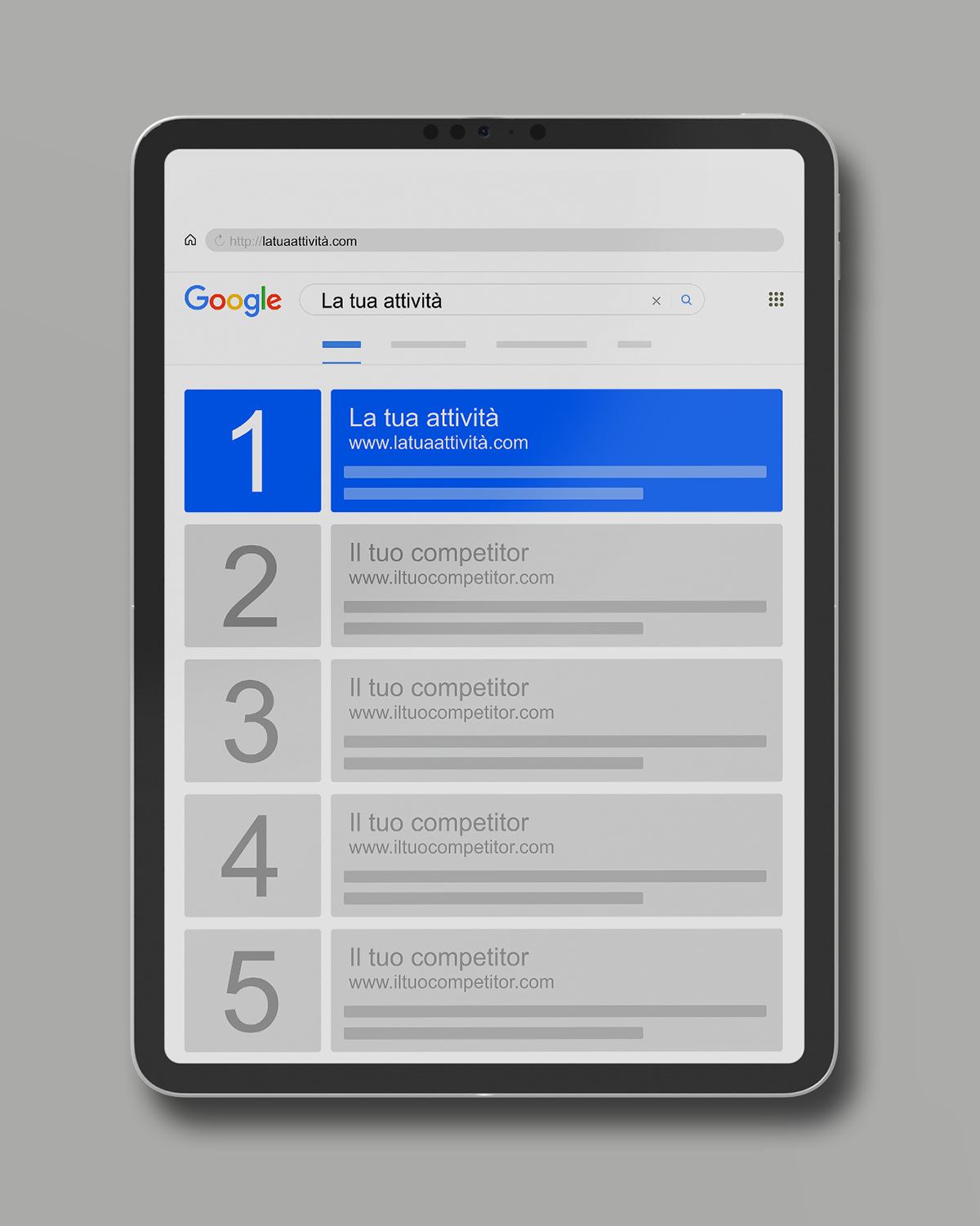 Schermata dei risultati di ricerca di Google con la propria attività posizionata al primo posto in evidenza sopra i concorrenti, per un progetto di ottimizzazione SEO e posizionamento sui motori di ricerca, realizzato da METWISH Studio Creativo Multidisciplinare