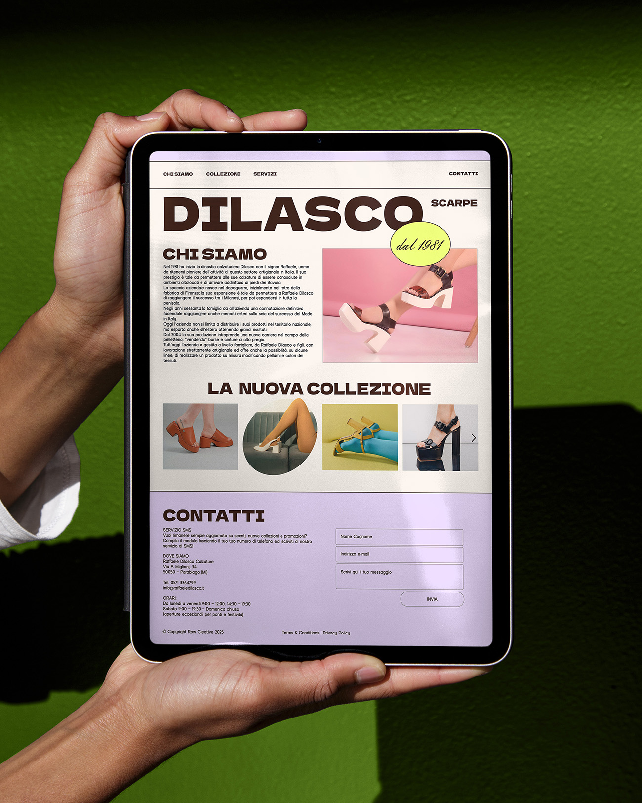 Layout di un sito vetrina per brand di calzature, con sezioni dedicate a storia aziendale, nuova collezione e modulo contatti, per un progetto di web design e sito vetrina, realizzato da METWISH Studio Creativo Multidisciplinare