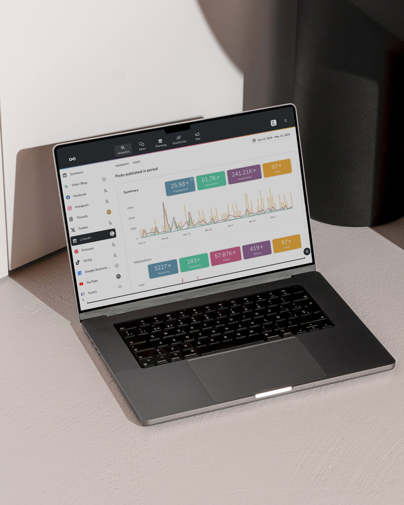 Laptop con dashboard di analytics social multipiattaforma — progetto di Social Media Marketing di METWISH Studio Creativo Multidisciplinare, Firenze e Lucca