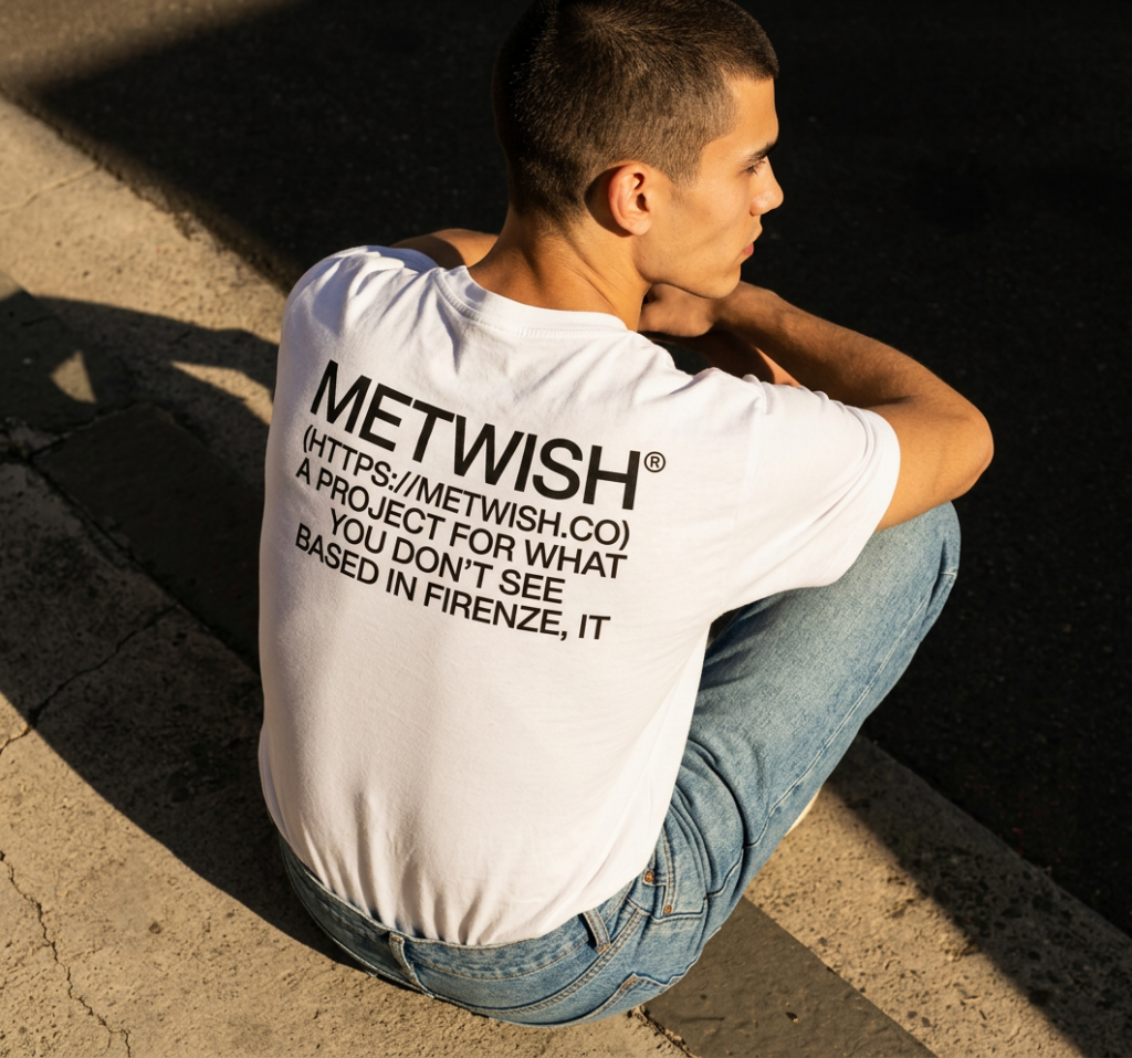 Ragazzo con maglietta di rappresentanza METWISH, servizio fotografico di branding a cura di METWISH Studio Creativo Multidisciplinare.