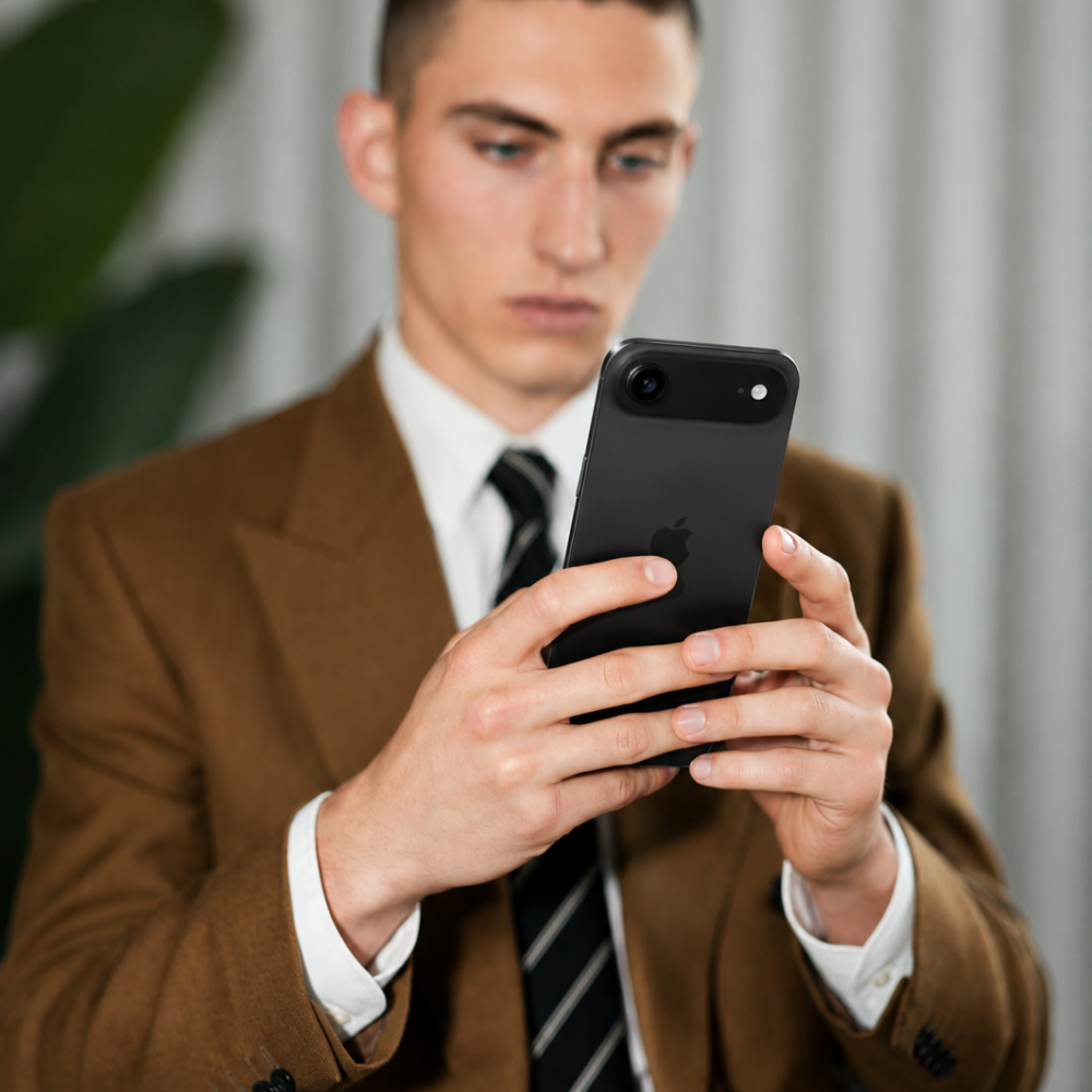 Professionista al lavoro sullo smartphone per la gestione delle strategie di Social Media Marketing, servizio offerto da METWISH Studio Creativo Multidisciplinare, Firenze e Lucca.